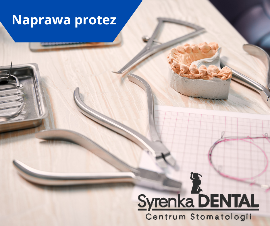 Profesjonalny gabinet stomatologiczny z narzędziami i modelem protezy, reklamujący usługi naprawy protez dentystycznych w Centrum Stomatologicznym Syrenka.